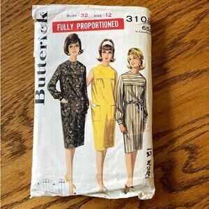 Vintage 1960s Butterick 3109 Sewing Pattern Size X Small 12 Shift Dress COMPLETE